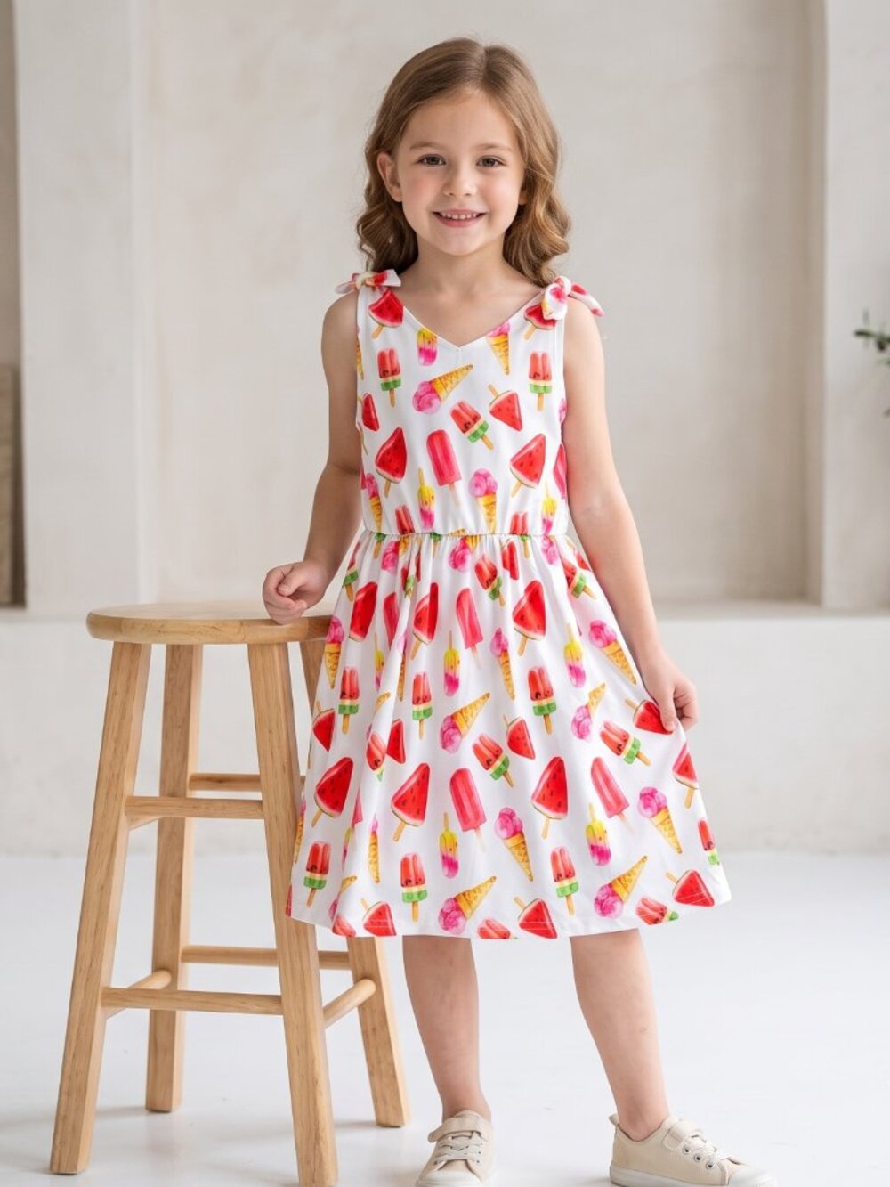 NWOT | Girls' "Sweet Treats" Watercolor Sun Dress | Ice Cream & Popsicle | White